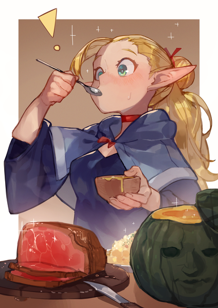Anime picture 2480x3508 with dungeon meshi studio trigger marcille donato uedrk yamato single long hair tall image highres blonde hair looking away upper body aqua eyes pointy ears sparkle hair bun (hair buns) border sweatdrop eating half updo outside border