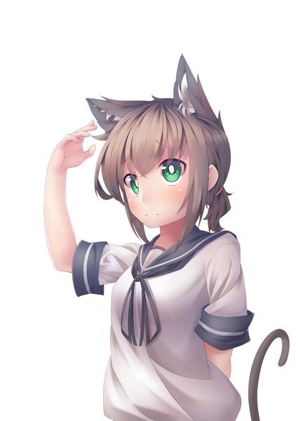 Anime picture 1254x1771 with kantai collection fubuki destroyer kzy090 single tall image looking at viewer short hair simple background brown hair white background green eyes animal ears payot tail animal tail arm up cat ears cat girl cat tail low ponytail