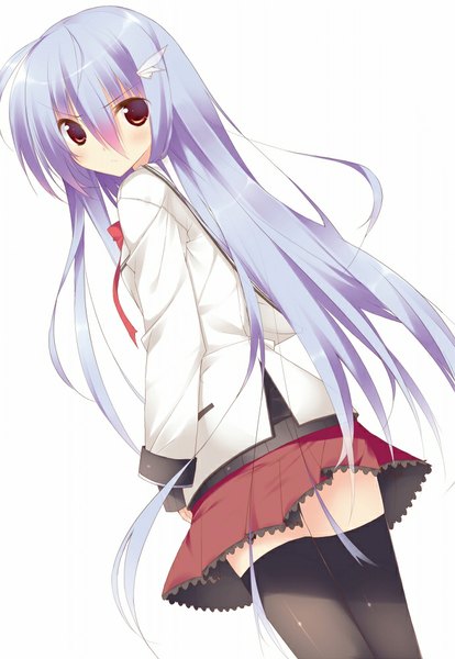 Anime picture 690x1000 with original kuwashima rein single long hair tall image simple background red eyes white background blue hair looking back girl thighhighs skirt uniform black thighhighs school uniform