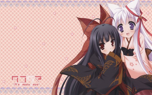 Anime picture 1920x1200 with tayutama lump of sugar mito mashiro nue (tayutama) long hair looking at viewer blush highres black hair red eyes wide image purple eyes multiple girls animal ears silver hair ahoge traditional clothes japanese clothes wallpaper covered mouth