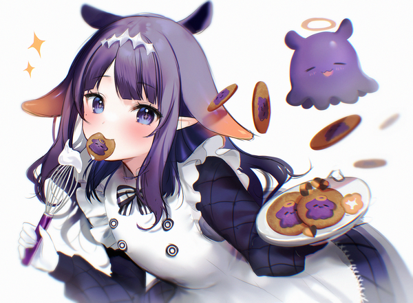 Anime picture 3100x2280 with virtual youtuber hololive hololive english ninomae ina'nis takodachi (ninomae ina'nis) ninomae ina'nis (pastry chef) maruccy single long hair blush highres blue eyes simple background white background holding animal ears absurdres purple hair pointy ears mouth hold