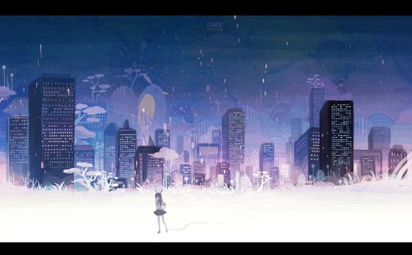 Anime picture 1208x750 with original sarnath wide image bunny ears city cityscape girl skirt plant (plants) tree (trees) building (buildings)