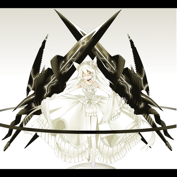 Anime picture 1000x1000 with original mizushirazu single long hair looking at viewer animal ears white hair one eye closed wink silver eyes girl dress gloves weapon elbow gloves headdress