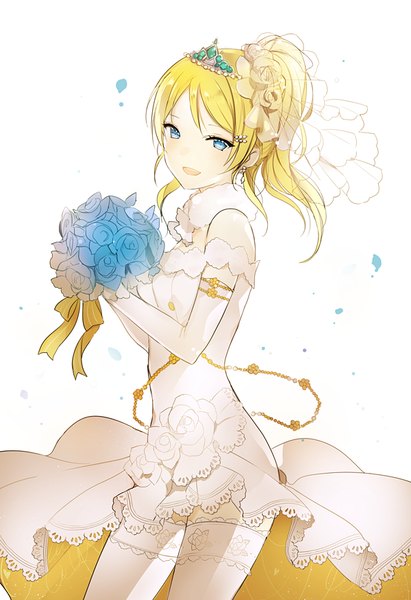 Anime picture 600x874 with love live! school idol project sunrise (studio) love live! ayase eli lpip single long hair tall image looking at viewer blush fringe open mouth blue eyes simple background blonde hair smile standing white background bare shoulders holding