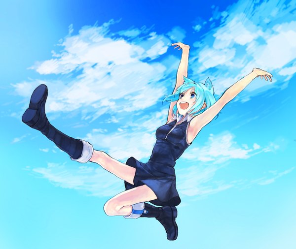 Anime picture 1800x1518 with yozakura quartet nanami ao wattaro single highres short hair open mouth blue eyes animal ears blue hair sky cloud (clouds) full body cat ears armpit (armpits) sleeveless looking up spread arms jumping girl