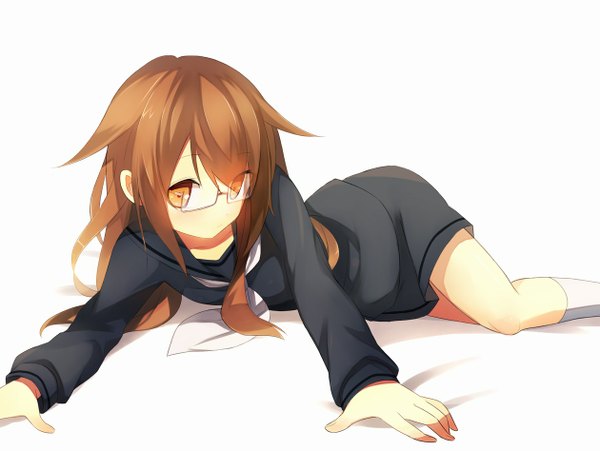 Anime picture 1260x948 with kantai collection mochizuki destroyer shiorinda single long hair looking at viewer fringe simple background brown hair white background brown eyes lying girl skirt uniform school uniform glasses knee boots
