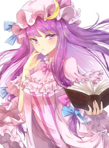 Anime picture 700x944 with touhou patchouli knowledge konnyaku (yuukachan 51) single long hair tall image white background purple eyes looking away purple hair hand on face girl bow hair bow hat book (books) bonnet moon (symbol)