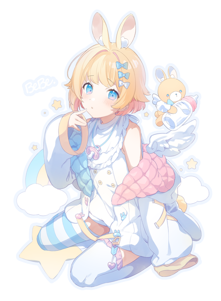 Anime picture 2801x3798 with original p (pixiv65832344) single tall image looking at viewer blush fringe highres short hair blue eyes simple background blonde hair white background sitting animal ears cloud (clouds) blunt bangs long sleeves off shoulder bunny ears