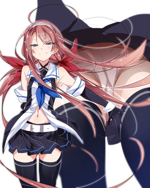 Anime picture 2048x2560 with kantai collection kawakaze (kantai collection) mtu (orewamuzituda) single tall image blush highres blue eyes light erotic simple background smile brown hair white background very long hair pleated skirt from below girl thighhighs skirt gloves