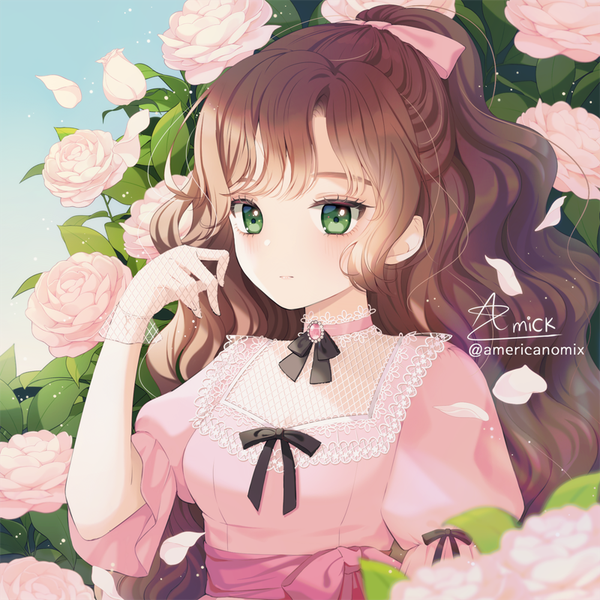 Anime picture 800x800 with original amick (americanomix) single long hair brown hair green eyes signed looking away upper body twitter username wavy hair half updo expressionless girl gloves flower (flowers) ribbon (ribbons) hair ribbon petals rose (roses)