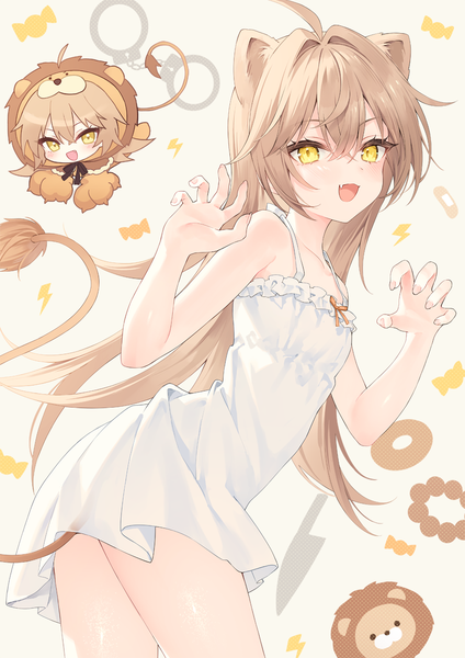 Anime picture 927x1311 with virtual youtuber indie virtual youtuber rurudo lion rurudo long hair tall image looking at viewer blush fringe open mouth simple background blonde hair smile hair between eyes standing white background animal ears yellow eyes ahoge tail