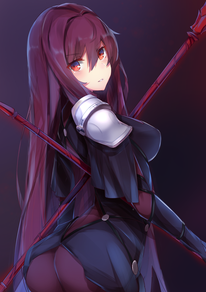 Anime picture 2459x3479 with fate (series) fate/grand order scathach (fate) (all) scathach (fate) nanakaku single long hair tall image looking at viewer blush fringe highres breasts light erotic simple background hair between eyes red eyes large breasts standing holding