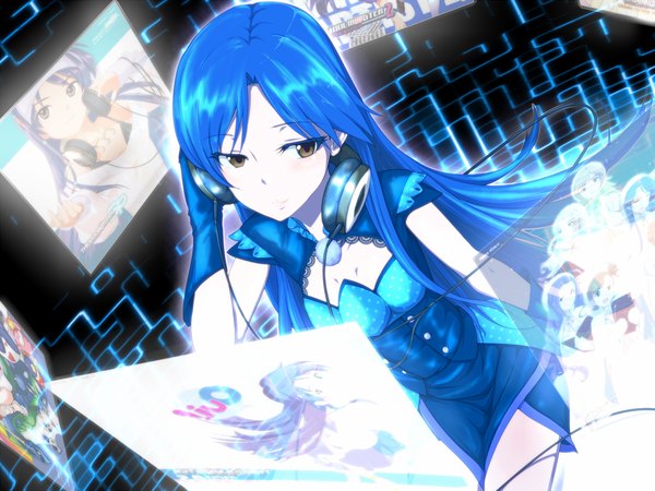 Anime picture 1280x960 with idolmaster kisaragi chihaya clearite single long hair brown eyes blue hair girl dress gloves headphones