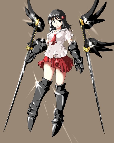 Anime picture 1600x2000 with original kaho single long hair tall image fringe breasts open mouth black hair holding looking away black eyes dual wielding glow girl skirt gloves weapon sword katana