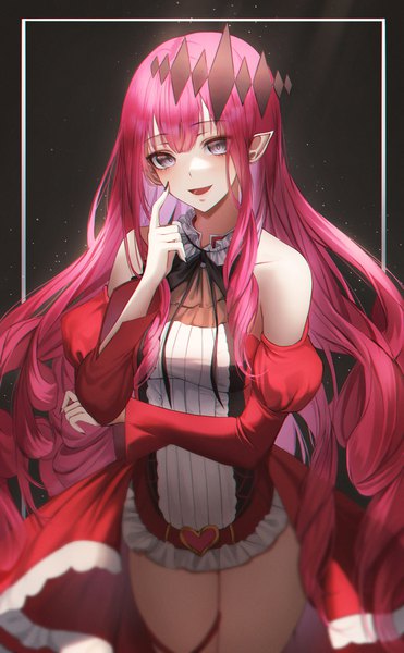Anime picture 2500x4038 with fate (series) fate/grand order baobhan sith (fate) ame 816 single long hair tall image looking at viewer fringe highres open mouth simple background smile bare shoulders red hair nail polish :d fingernails pointy ears grey eyes