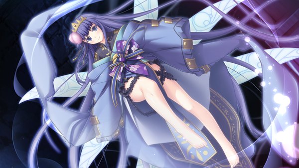 Anime picture 1280x720 with kami no rhapsody eushully single long hair blue eyes light erotic black hair wide image game cg bare legs girl dress hair ornament