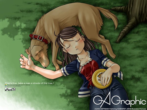 Anime picture 1024x768 with gagraphic yumeuta single blush black hair outdoors lying eyes closed shadow on back sleeping soft beauty against tree girl plant (plants) animal tree (trees) grass dog frisbee