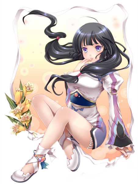 Anime picture 1024x1358 with tales of hearts kohak hearts monchi (kashiwa2519) single tall image open mouth blue eyes black hair ahoge long sleeves legs girl flower (flowers) shoes