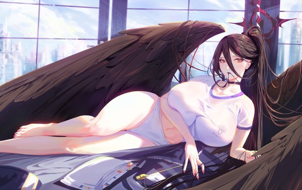 Anime-Bild 1600x1008 mit blue archive hasumi (blue archive) dongfangzhong111 single fringe breasts light erotic black hair hair between eyes red eyes looking away full body ponytail indoors lying very long hair nail polish barefoot fingernails mole