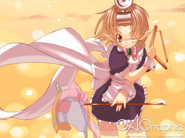 Anime picture 1024x768 with gagraphic matsuzaki yutaka single looking at viewer blush short hair blonde hair red eyes standing one eye closed pointy ears maid zettai ryouiki copyright name girl thighhighs uniform white thighhighs bowtie wrist cuffs