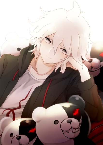 Anime picture 2149x3035 with dangan ronpa monokuma komaeda nagito shiorinda tall image highres short hair sitting looking away white hair light smile silver eyes boy toy stuffed animal teddy bear