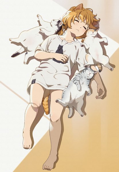 Anime picture 650x939 with original mattaku mousuke single tall image fringe short hair simple background blonde hair twintails animal ears full body tail lying eyes closed animal tail barefoot cat ears shadow cat girl on back