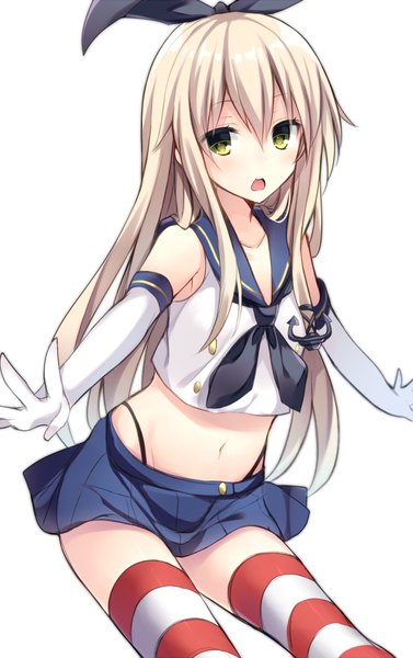 Anime picture 600x954 with kantai collection shimakaze destroyer komomo (ptkrx) single long hair tall image blush fringe open mouth simple background blonde hair white background green eyes looking away bare belly spread arms girl thighhighs gloves navel