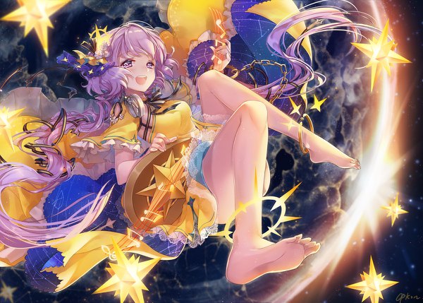 Anime picture 1200x858 with touhou tsukumo benben cat princess single looking at viewer blush fringe open mouth smile twintails purple eyes signed purple hair full body bent knee (knees) very long hair :d barefoot night wide sleeves