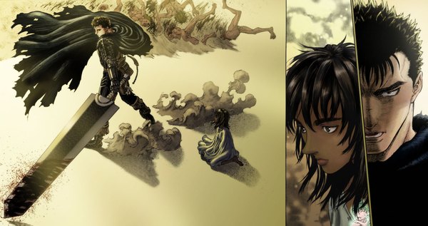 Anime picture 1920x1015 with berserk guts casca highres wide image torn clothes girl boy sword blood cloak