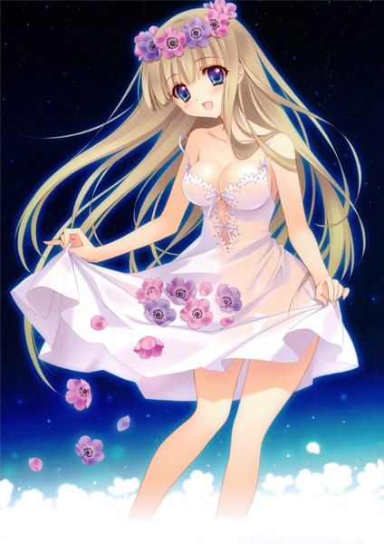 Anime picture 4711x6665 with original carnelian single long hair tall image blush highres open mouth blue eyes blonde hair bare shoulders absurdres see-through silhouette girl dress flower (flowers) petals wreath