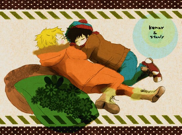 Anime picture 1427x1054 with south park kenny mccormick stanley randall marsh noeko blush short hair black hair blonde hair lying eyes closed from behind sleeping boy hat jacket boots pillow mittens