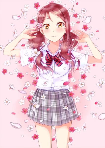 Anime picture 712x1000 with love live! sunshine!! sunrise (studio) love live! sakurauchi riko hiro9779 single long hair tall image looking at viewer blush fringe breasts simple background smile standing twintails red hair pleated skirt hair flower orange eyes