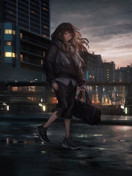 Anime picture 2000x2668 with original lm7 (op-center) single long hair tall image looking at viewer fringe highres brown hair brown eyes sky cloud (clouds) full body outdoors wind city walking girl shoes jacket