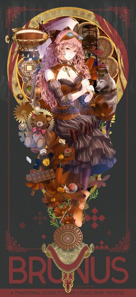 Anime picture 750x1625 with original yuu (arcadia) single long hair tall image brown hair brown eyes dark background glasses on head girl dress flower (flowers) detached sleeves animal glasses food sweets toy stuffed animal stuffed toy