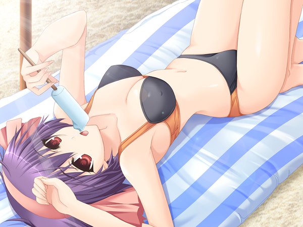 Anime picture 1200x900 with chou jikuu bakuren monogatari light erotic red eyes game cg purple hair beach girl swimsuit food sweets ice cream
