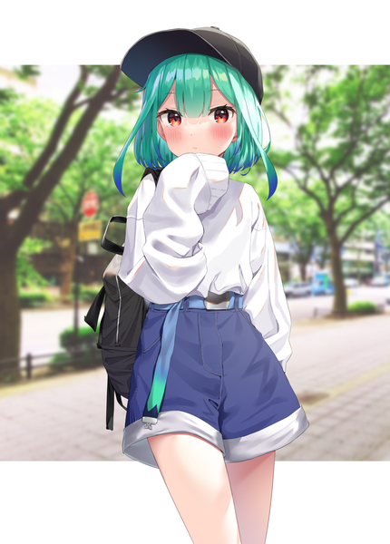 Anime picture 1651x2303 with virtual youtuber hololive uruha rushia k mugura single tall image looking at viewer blush fringe short hair red eyes blunt bangs long sleeves green hair blurry depth of field alternate costume girl plant (plants) tree (trees)