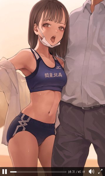 Anime picture 2833x4754 with original koh (minagi kou) long hair tall image looking at viewer blush fringe highres open mouth light erotic simple background brown hair standing brown eyes blunt bangs off shoulder midriff sweat saliva head out of frame