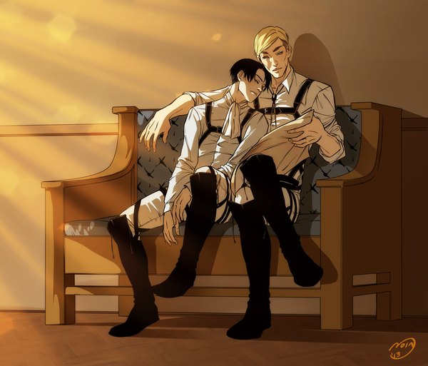 Anime picture 1000x855 with shingeki no kyojin production i.g levi (rivaille) erwin smith noiry short hair blue eyes black hair blonde hair sitting signed eyes closed multiple boys shounen ai reading boy boots belt thigh strap 2 boys