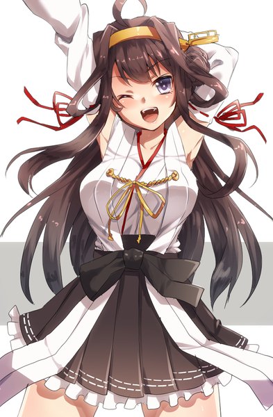 Anime picture 700x1067 with kantai collection kongou battleship keita (tundereyuina) single long hair tall image looking at viewer blush open mouth blue eyes brown hair ahoge one eye closed girl hair ornament detached sleeves