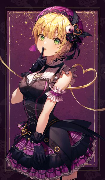 Anime picture 800x1366 with idolmaster idolmaster cinderella girls miyamoto frederica ttosom single tall image looking at viewer blush fringe short hair breasts simple background blonde hair standing green eyes blunt bangs parted lips finger to mouth framed heart of string