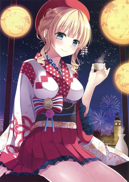 Anime picture 2342x3300 with original eshi 100-nin ten ikura nagisa single tall image looking at viewer blush highres short hair blue eyes blonde hair sitting payot traditional clothes japanese clothes light smile scan night night sky fireworks