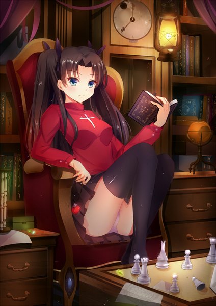 Anime picture 1488x2104 with fate (series) fate/stay night type-moon toosaka rin zerii (cdcdqqq) single long hair tall image looking at viewer blush blue eyes light erotic black hair smile twintails pantyshot girl thighhighs skirt underwear