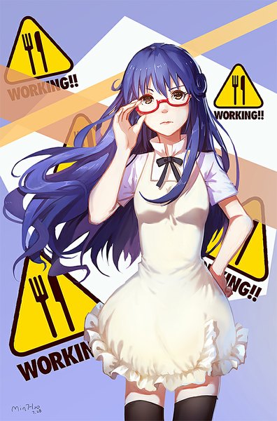 Anime picture 660x999 with working!! a-1 pictures matsumoto maya minhoo single long hair tall image looking at viewer brown eyes blue hair girl thighhighs black thighhighs shirt glasses apron