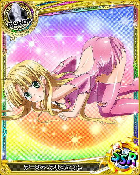 Anime picture 640x800 with highschool dxd asia argento single long hair tall image looking at viewer blush light erotic blonde hair green eyes torn clothes card (medium) girl dress gloves elbow gloves boots thigh boots short dress