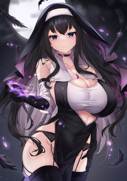 Anime picture 2894x4093 with original deogho (liujinzy9854) single long hair tall image looking at viewer blush fringe highres breasts blue eyes light erotic black hair standing light smile night no panties huge breasts covered navel skindentation