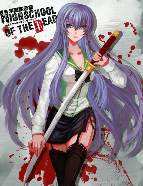 Anime picture 800x1039 with highschool of the dead madhouse busujima saeko tongyaohuan single long hair tall image fringe breasts blue eyes standing holding cleavage purple hair lips girl thighhighs skirt uniform bow