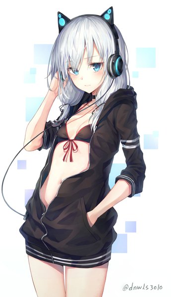 Anime picture 688x1194 with original axent wear headphones huwari (dnwls3010) single long hair tall image looking at viewer blush fringe breasts blue eyes light erotic simple background hair between eyes standing white background twintails signed cleavage silver hair