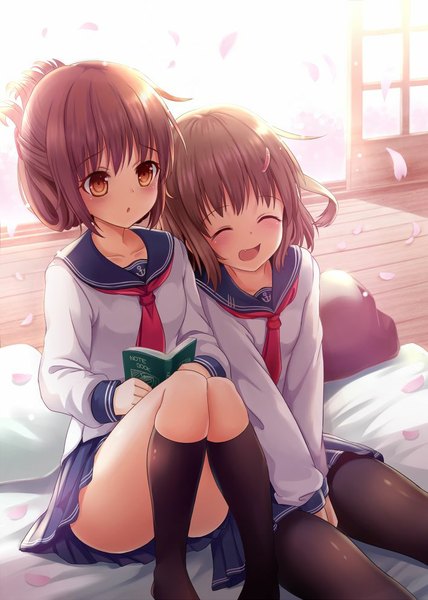 Anime picture 708x993 with kantai collection inazuma destroyer ikazuchi destroyer shimokirin tall image blush short hair open mouth light erotic smile brown hair multiple girls brown eyes bent knee (knees) eyes closed pleated skirt sunlight :o girl skirt