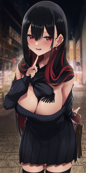 Anime picture 2300x4600 with original amane sora single long hair tall image looking at viewer blush fringe highres breasts open mouth light erotic black hair smile hair between eyes red eyes large breasts standing cleavage outdoors