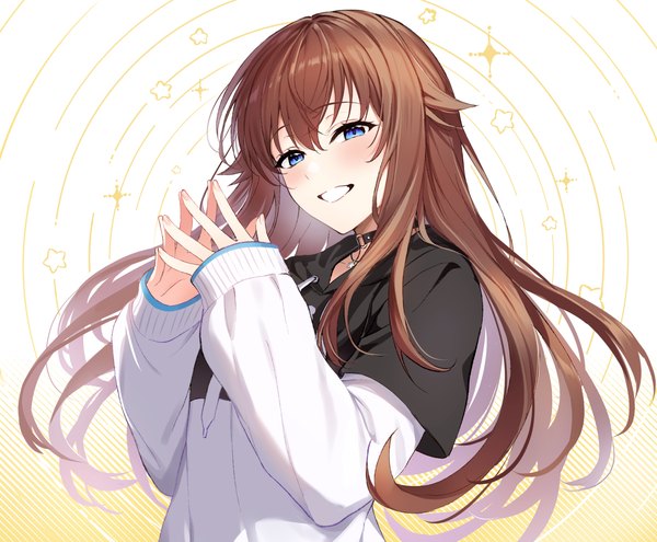 Anime picture 2066x1704 with virtual youtuber hololive tokino sora tokino sora (streetwear) garigari single long hair blush fringe highres blue eyes smile hair between eyes brown hair upper body long sleeves grin official alternate costume sleeves past wrists fingers together